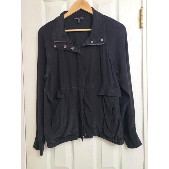 Eileen Fisher Silk Black Crepe De Chin Bomber Jacket Zip Snap Up Size XS - Picture 1 of 11